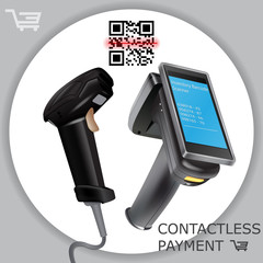 Hand held wireless barcode scanner reader scanning bar code on white background. Laser beam. Vector illustration in 3d