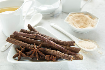 anise tea and liquorice roots on the table