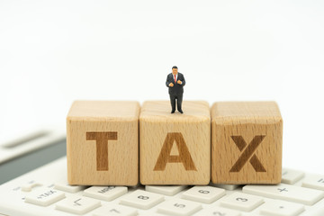 Miniature people businessmen standing with wood word TAX using as background business concept and finance concept with copy space  for your text or  design.