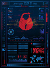 Futuristic future sci fi cyber security hud with internet technology and business interface background with map, lock. Infographic data. Head-Up Display, HUD.