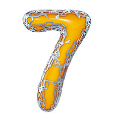 Number seven 7 made of golden shining metallic with yellow paint isolated on white 3d