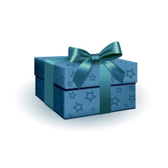 Obraz premium Realistic Blue gift box with bow. Template for icon, advertising design, offers, presents, symbol of surprise, for Christmas, Valentine present. Vector illustration isolated on white background.