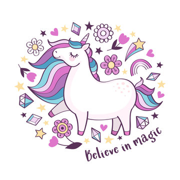 Vector motivation card with cute unicorn, stars, flowers, crystals and text "Believe in magic" isolated on white background. Magical cartoon unicorn poster