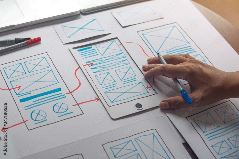 Poster ux graphic designer creative sketch planning application process development prototype wireframe for