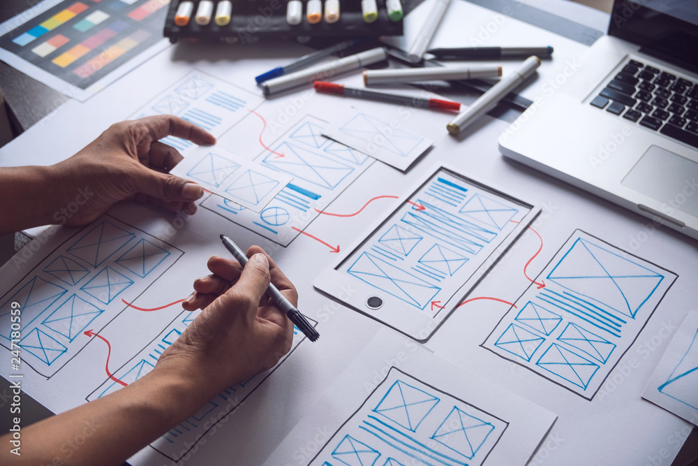 Poster ux graphic designer creative sketch planning application process development prototype wireframe for