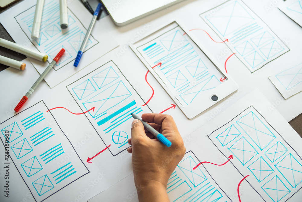 Poster ux graphic designer creative sketch planning application process development prototype wireframe for