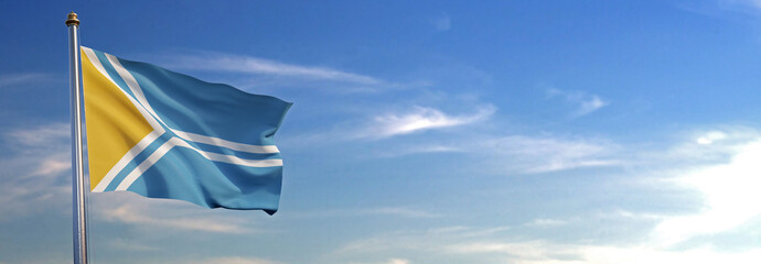 Flag of Tuva rise waving to the wind with sky in the background