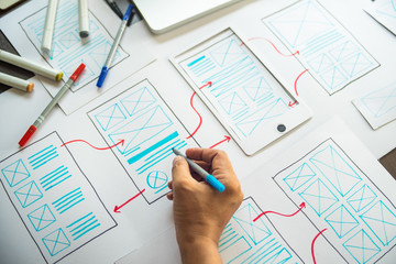 ux Graphic designer creative  sketch planning application process development prototype wireframe for web mobile phone . User experience concept.