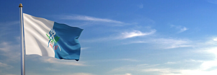 Flag of Izhevsk rise waving to the wind with sky in the background