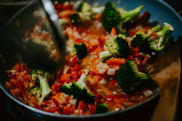 Colourful healthy vegetable meal with broccoli in the cooking pan