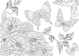 fancy flowers with couple of butterflies for your coloring page