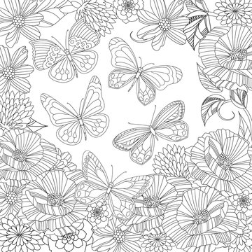 flying butterflies in blossom garden for your coloring page