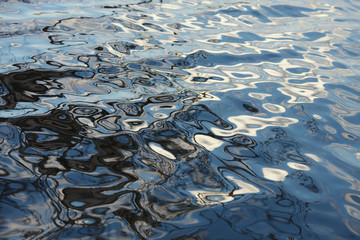 Abstract reflection of the blue sky and tree branches on the water surface.