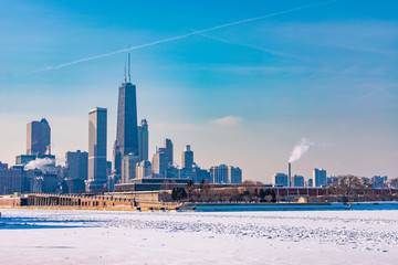 Chicago Skyline with Lake Michigan Frozen Over after a Polar Vortex 