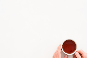 Hands holding cup of tea. Coziness concept. Copy space on white background.