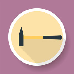 Hammer icon with long shadow. Flat design style. Round icon. Hammer silhouette. Simple circle icon. Modern flat icon in stylish colors. Web site page and mobile app design vector element.