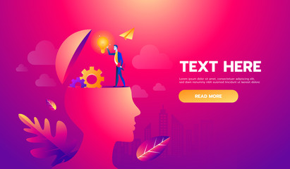 Businessman on head with brain idea. Vector illustration Eps10 file. Text and Texture in separate layers and copy space.