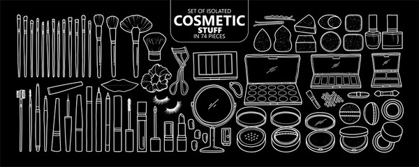 Set of isolated cosmetic stuff in 74 pieces only white outline.