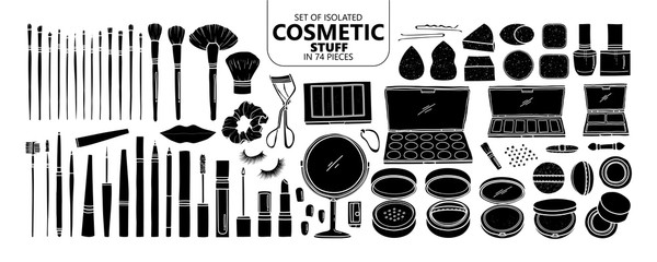 Set of isolated silhouette cosmetic stuff in 74 pieces.