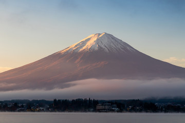 FUJI mountain at Lake Kawaguchiko, JAPAN. in morning time with light cloud.