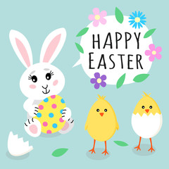 Obraz na płótnie Canvas Easter greeting card. Cute rabbit bunny holding colored egg with dots and cute little yellow chicks in cracked eggs and eggshell, speech bubble with text sign Happy Easter and spring flowers. Funny