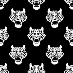 Tigers seamless pattern, Tattoo seamless pattern. Fashionable tigers heads. Vector