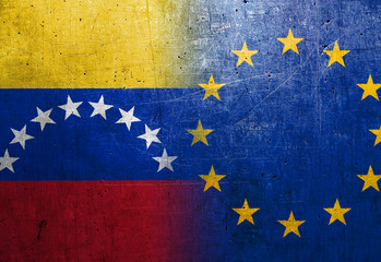 Venezuela and European Union flags on the grunge metal background