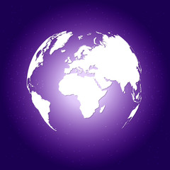 Glowing Planet Earth in space with stars on bright purple background.