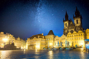 Fototapeta na wymiar Famous Old Town Square at night in Prague with stars sky