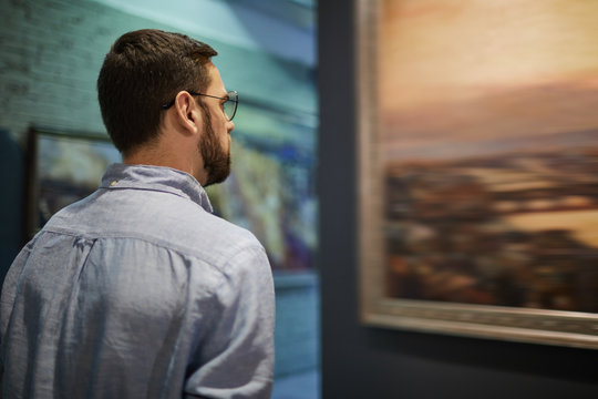 Back view portrait of young bearded man looking at pictures in modern art gallery or museum, copy space