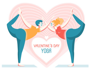 Happy Valentine's Day Yoga card. Couple of Man and Woman practicing yoga