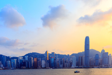 Skyline of Hong Kong at sunset.