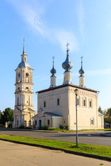 Beautiful view of Suzdal in summer at sunrise. Church of icon of Our Lady of Smolensk in Suzdal. Suzdal is a famous tourist attraction and part of the Golden Ring of Russia.