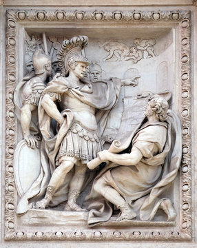 Agrippa act to approve the construction of the Aqua Virgo aqueduct at the Trevi Fountain in Rome. Fontana di Trevi is one of the most famous landmark in Rome, Italy
