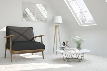 White cozy minimalist room with armchair. Scandinavian interior design. 3D illustration