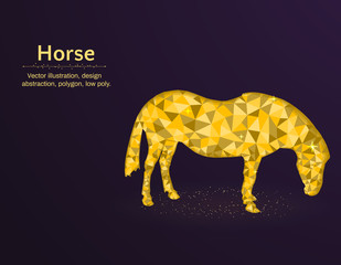 Golden Horse low poly vector illustration, polygonal animal on blue background, abstract design illustration