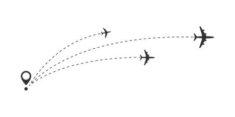 Airplane travel concept. Plane with start point and route dash line. 