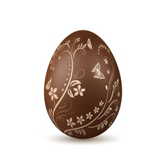 Easter egg 3d icon. Chocolate brown egg, isolated white background. Flower, branch, leaf. Sweet candy dessert, decoration Happy Easter celebration. Hand drawn design element. Vector illustration