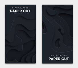 Vertical black banners with 3D abstract background, white paper cut shapes. Vector design layout for business presentations, flyers, posters and invitations. Carving art