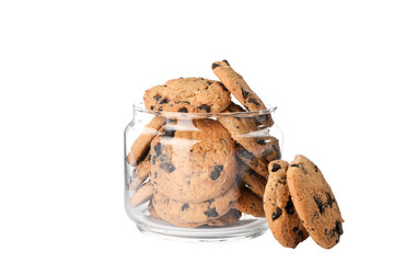 Glass jar with tasty chocolate chip cookies on white background