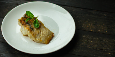 Fish and Fries (white fish with salmon, portion). food background. copy space