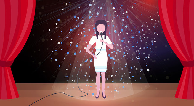 woman singer with microphone performing on concert scene stage colorful glitter lights red curtains horizontal female cartoon character full length flat