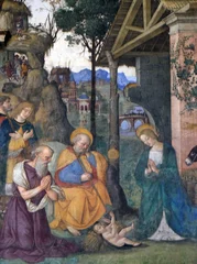 Das Fresko Geburt mit dem Hl. Hieronymus von Bernardino Pinturicchio (1488-1490) in der Rovere-Kapelle in der Kirche Santa Maria del Popolo, Rom, Italien © zatletic