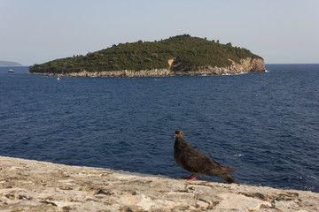 DUBROVNIK, CROATIA - AUGUST 22 2017: View from Dubrovnik of Lokrum island, natural reserve