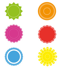 brightly colored labels in different shapes