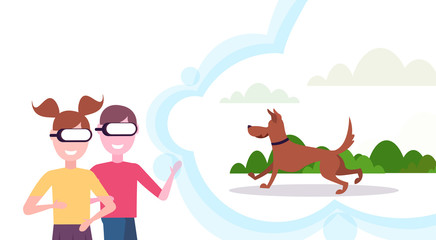 Two kids sister and brother wearing digital glasses virtual reality dog running and playing outdoor vr vision headset concept horizontal flat isolated