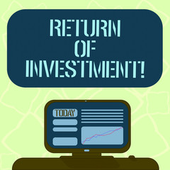 Handwriting text writing Return Of Investment. Concept meaning measures the gain or loss generated on an investment Mounted Computer Screen with Line Graph on Desk Blank Color Text Box