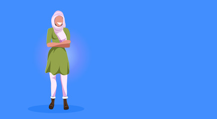 arab woman standing pose happy arabic girl wearing hijab fashion clothes muslim female cartoon character full length flat blue background horizontal