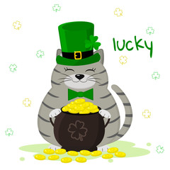 St.Patrick 's Day. Gray striped cat in a green leprechaun hat, bowler with gold coins, clover. Cartoon style, flat design. Vector illustration