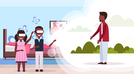 boy and girl wearing digital glasses virtual reality father spreading arms ready to hug african american man standing outdoor vr vision headset concept horizontal flat
